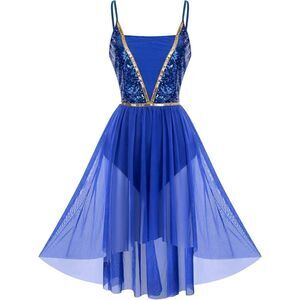 Shiny Sequin Spaghetti Strap blue XS High Low Mesh Tulle Dance Dress Modern Cont